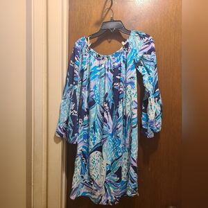Lilly Pulitzer Bright Navy Alotta Colada Dress,XXS, Rayon, Off The Shoulder